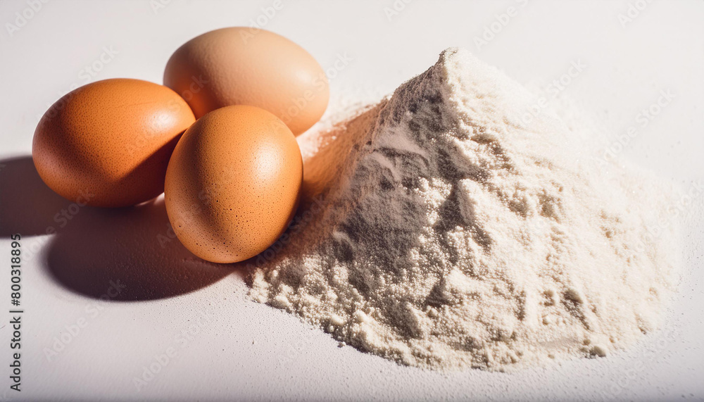 Wheat flour and chicken eggs on light cooking background. Culinary and baking concept. Flat lay. Wheat flour and chicken eggs on light cooking background. Culinary and baking concept. Flat lay.