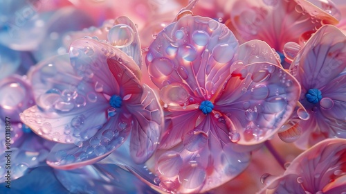 Glossy Liquid Bloom: Wildflower mophead hydrangea glistens with glossy, liquid petals.