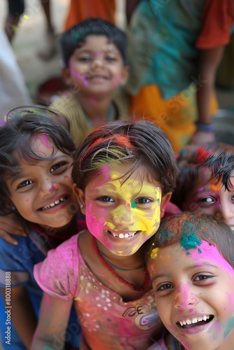 Joyful of Indian Children Embracing Holi Festival with Colorful Faces and Powdered Pigments