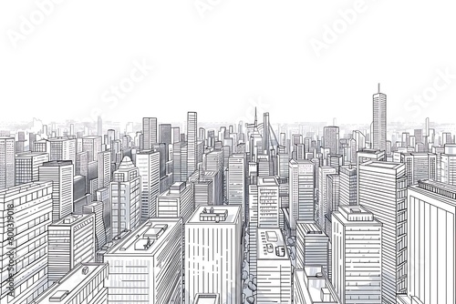 A minimalist black and white line art illustration of a sprawling cityscape viewed from above  perfect for architectural publications or urban planning presentations.