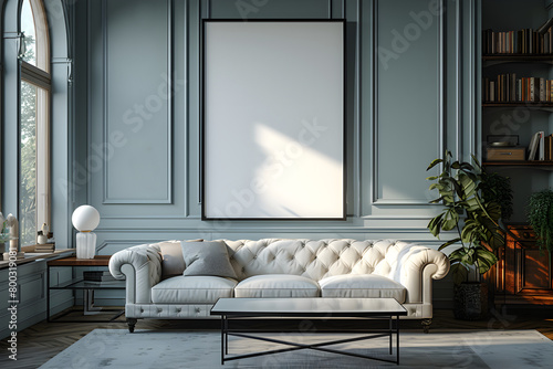 apartement livingroom in the afterday with furniture,green plants,blue soft walls,white sofa with interior mockup with one white photo frame in the background photo