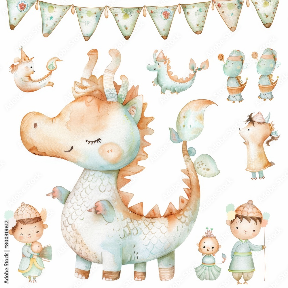 Obraz premium A colorful illustration of a dragon and several other animals, including a monkey and a girl in a dress. Watercolor painting style.