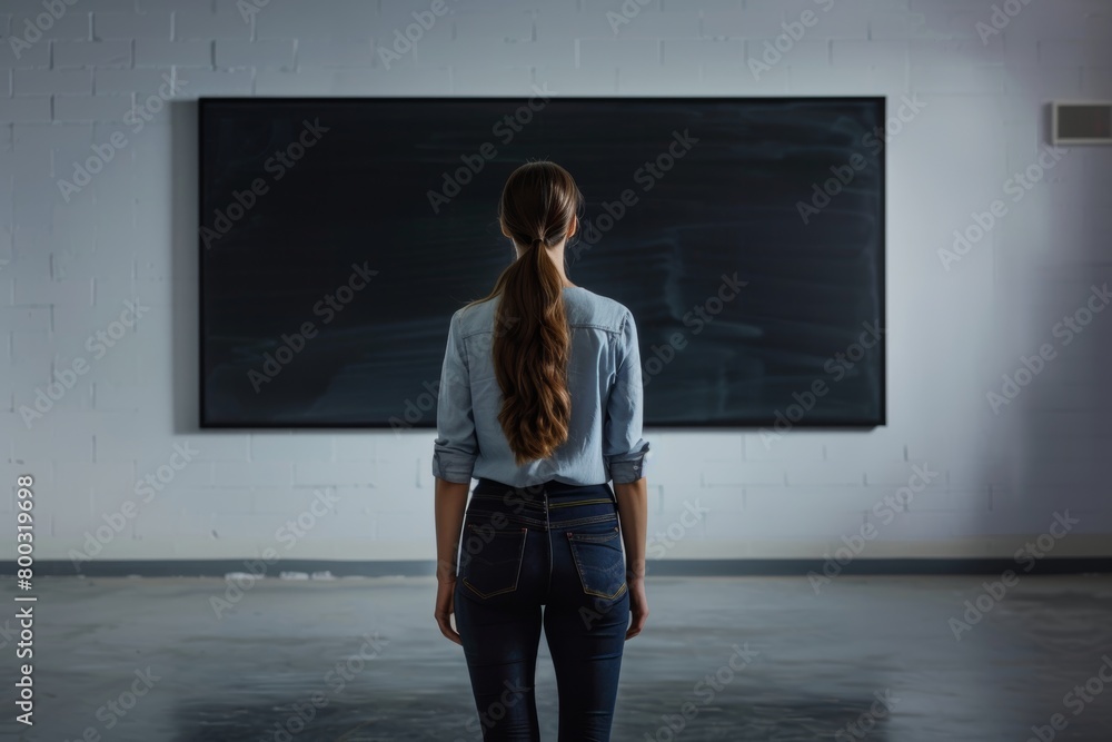 Ui mockup woman in her 40s in front of a interactive digital board with a fully black screen Ui mockup woman in her 40s in front of a interactive digital board with a fully black screen