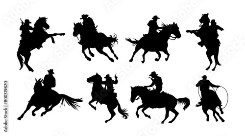 Cowboy riding horse black silhouettes set. Cowboy galloping with lasso, shooting from gun - Western traditional elements collection. Monochrome vector illustrations isolated on transparent background.