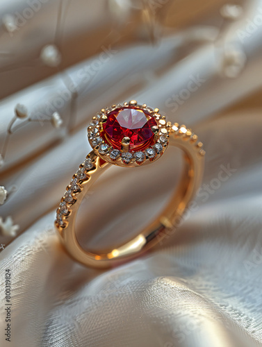 A golden ring with a red stone and diamonds, placed on a white linen fabric, surrounded by small flowers, product photography in the style of high resolution, soft lighting, jewelry advertising campai photo