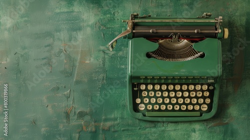 Classic green typewriter on a distressed green background with floral elements.