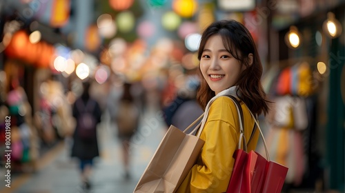 Young Korean Woman Cheerfully Showcasing Fashion Finds on a Lively Seoul Street