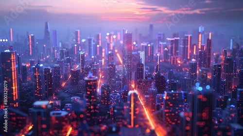 Bustling Cityscape Aglow with Futuristic Digital Radiance and Volumetric Energy Flows