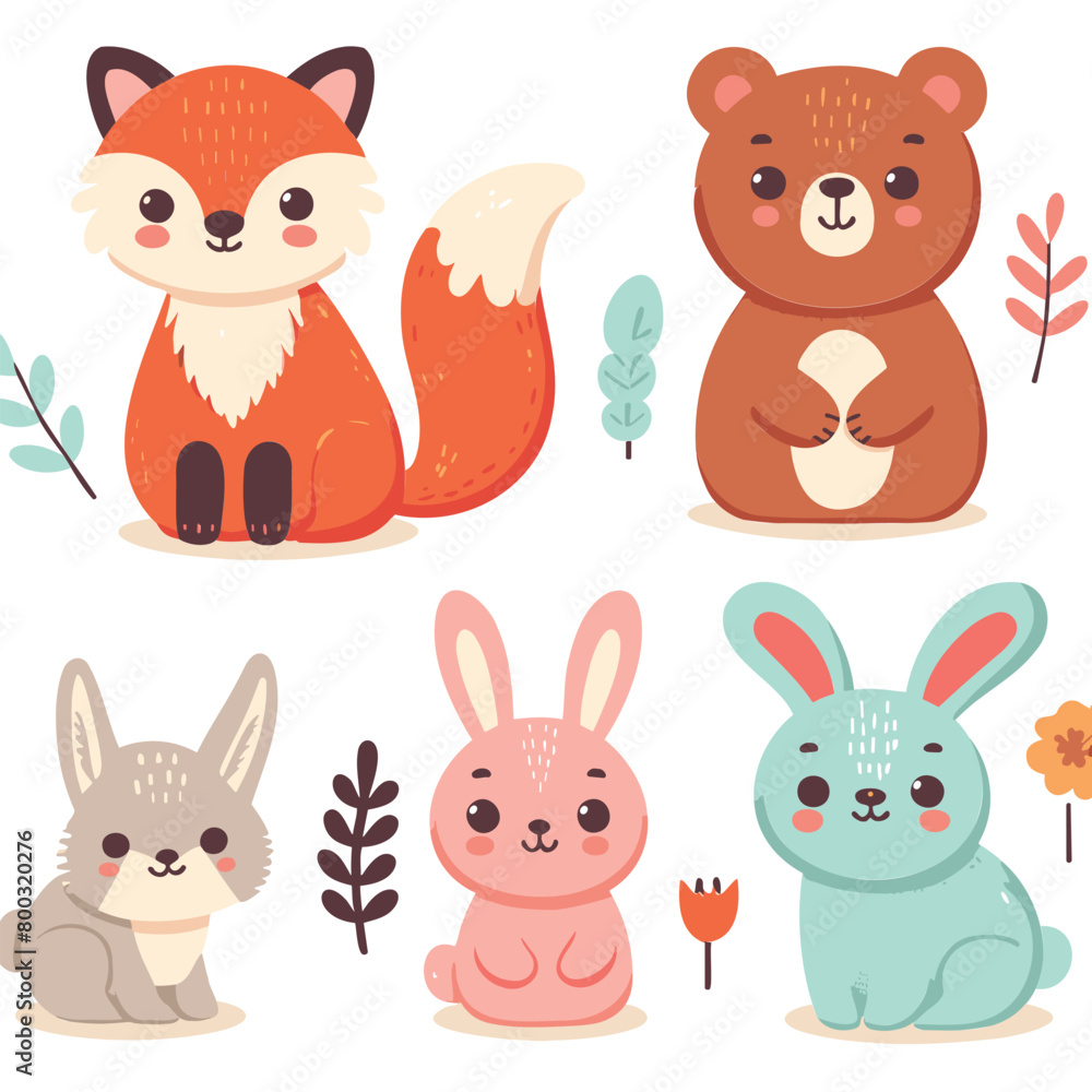 Fototapeta premium A set of cute cartoon animals. Vector flat images of animals for postcards, invitations, textiles, thermal printing, various types of printing clipart