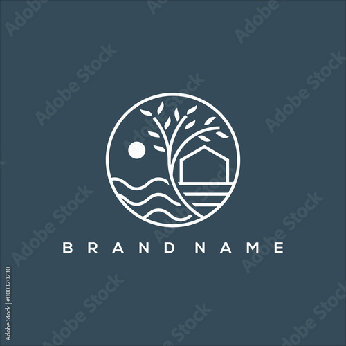 Water art line icon logo with circle tree house and sun
