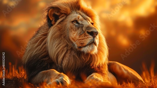 Majestic male lion at sunset in the savannah, symbol of strength and power in the wild