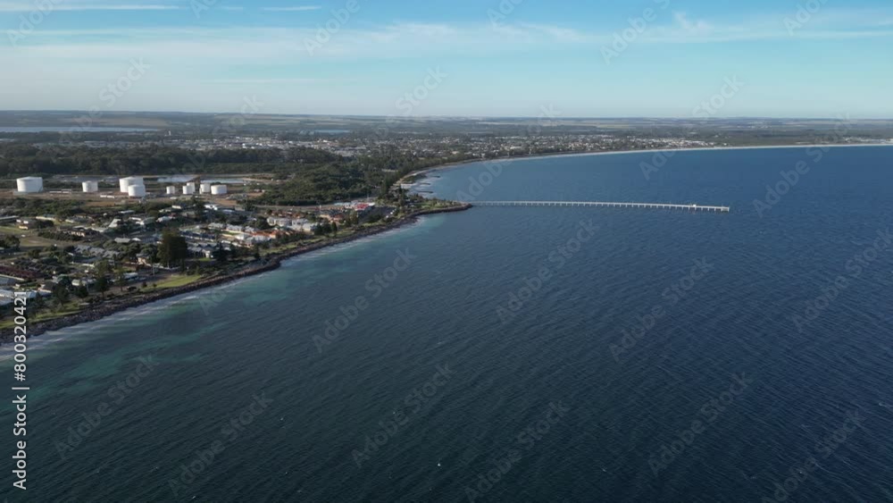 Esperance city and coast with Tanker Jetty at sunset, Western Australia. Aerial drone panoramic view Esperance city and coast with Tanker Jetty at sunset, Western Australia. Aerial drone panoramic view