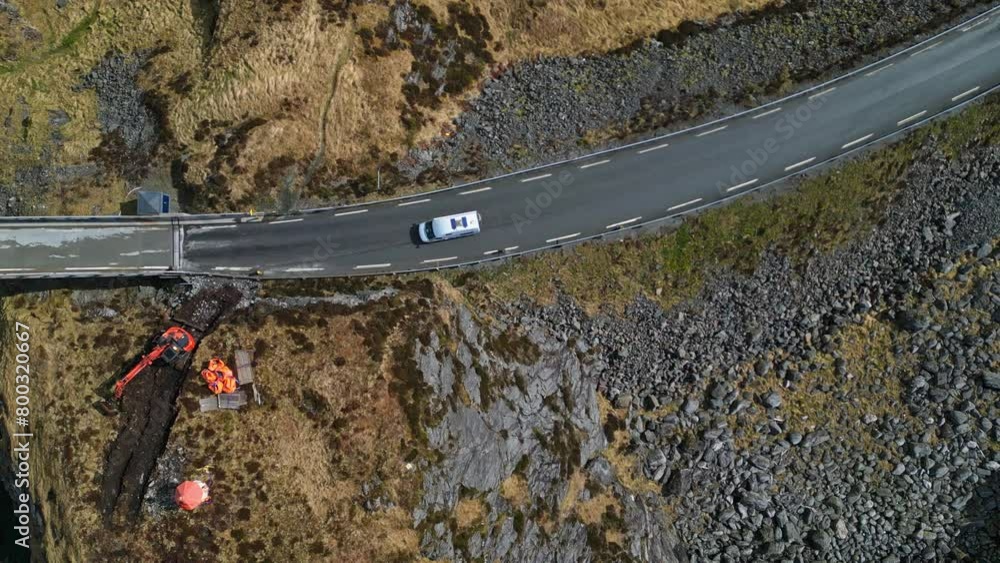 Top Down View of minivan entering bridge to Runde Island (Rundebrua), Norway Top Down View of minivan entering bridge to Runde Island (Rundebrua), Norway