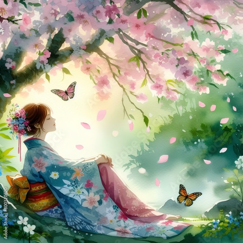girl sitting peacefully under the blossoms  tree  watercolor painting  art   beautiful nature  nature art  landscape of nature  