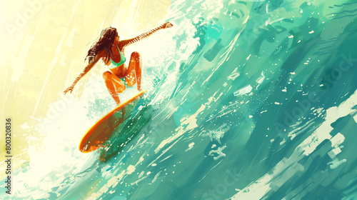 Dynamic female surfer girl riding large wave, watersports woman on surfboard photo