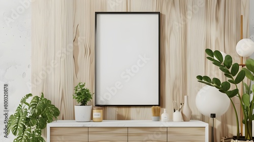 living room interior with wooden sideboard and mock up frame 3D rendering  Bright cozy living room interior with large window  white empty poster on the wall  sideboard and chair ai generated 