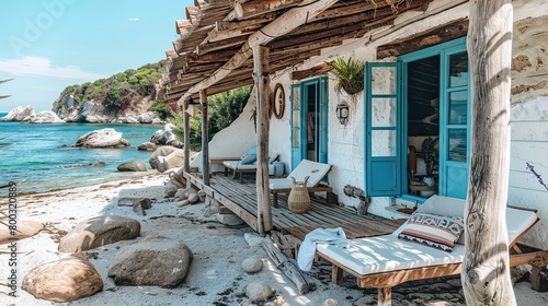Cute beach house with rustic wooden roof  blue windows  wooden porch  white walls with white rough rocks  sand and rocks on the shore  white sun loungers with pillows