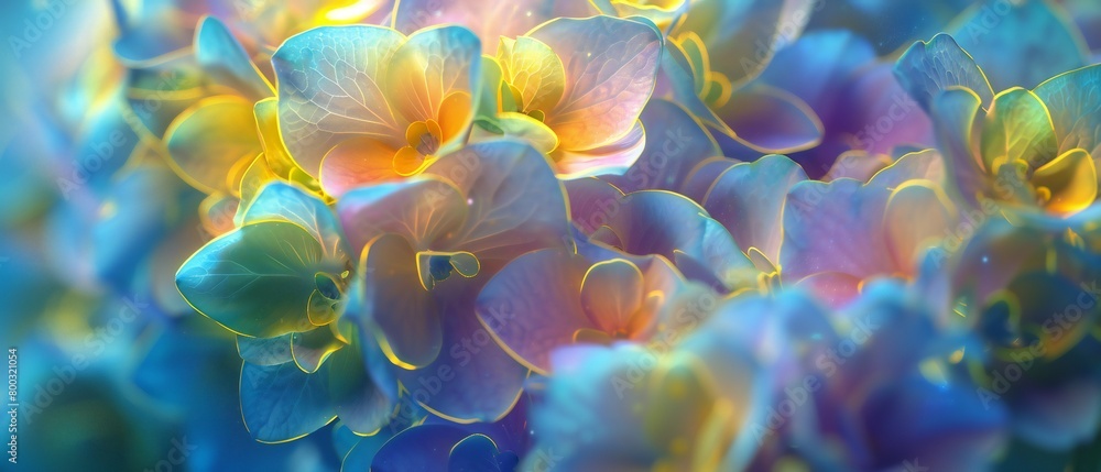 Luminous Wildflower Petals: Neon-infused wildflower mophead hydrangea petals shimmer with luminosity.