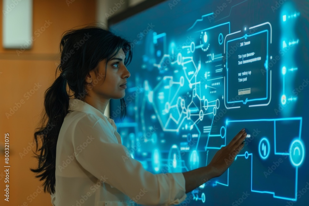 Ui mockup indian woman in her 30s in front of a interactive digital board with a fully blue screen Ui mockup indian woman in her 30s in front of a interactive digital board with a fully blue screen