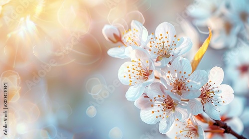 A close-up image of white cherry blossoms with a blurred background.  
