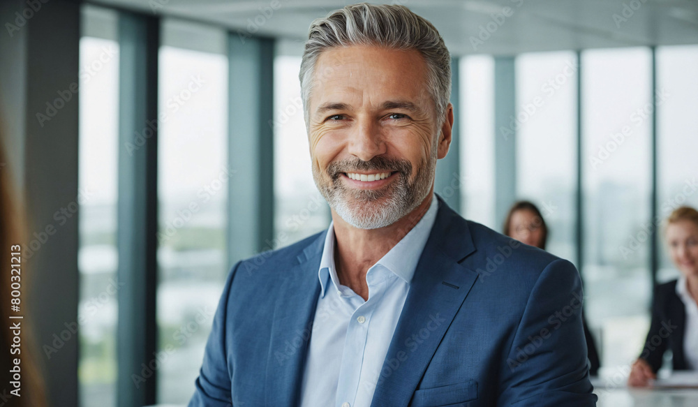 Portrait of a middle-aged businessman in formal attire in an office, AI-generated. Portrait of a middle-aged businessman in formal attire in an office, AI-generated.
