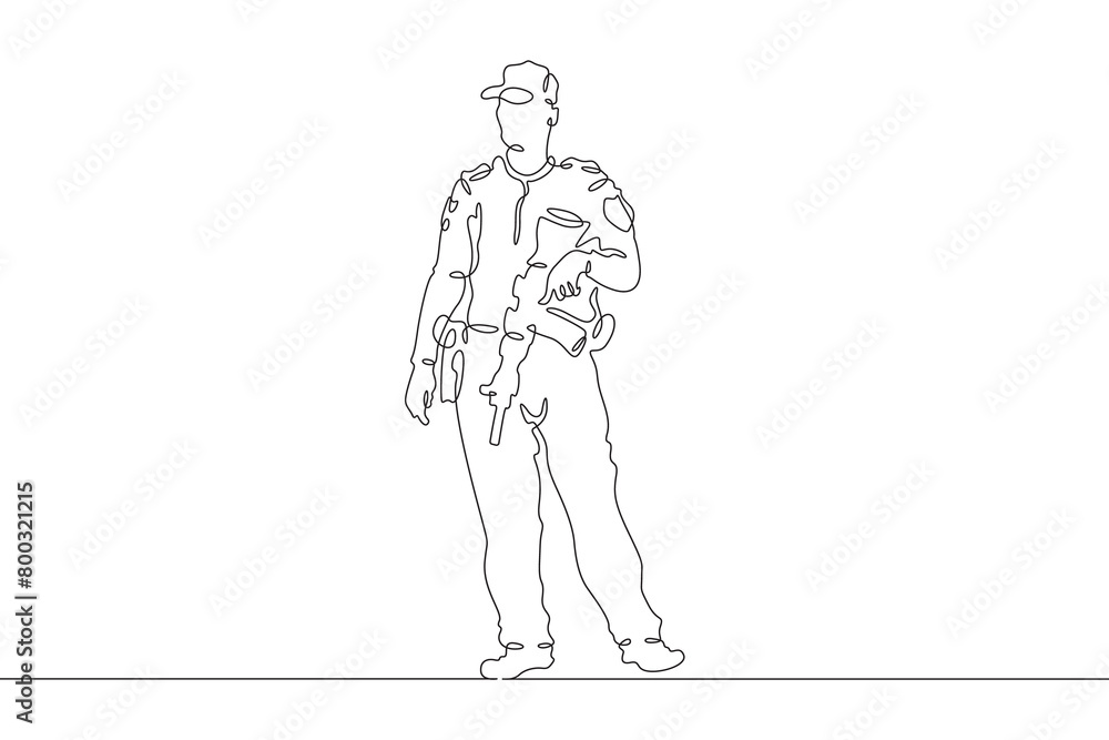 Police officer in uniform. Policemen on duty. Law enforcement.One continuous line . Line art. Minimal single line.White background. One line drawing. 