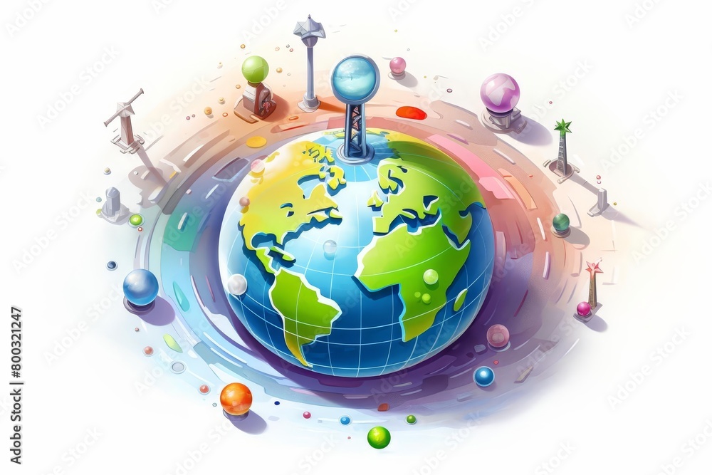 A beautiful illustration of a globe with colorful landmarks and a road around it A beautiful illustration of a globe with colorful landmarks and a road around it