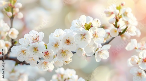 A close-up image of white cherry blossoms with a blurred background.