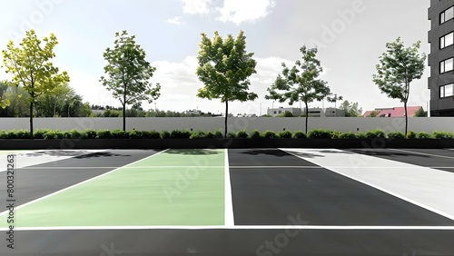 Empty parking lot with green markings in convenient city location . Concept City Parking, Urban Location, Green Markings, Convenient, Empty Lot photo