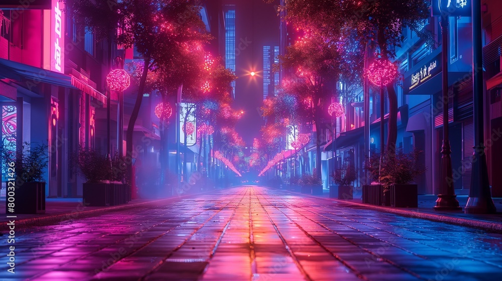 a very bright city street with neon lights and trees at night