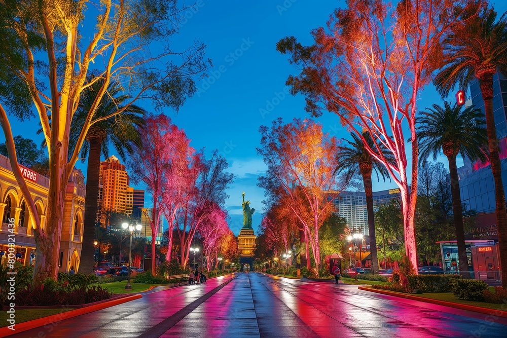 a city street filled with lots of colorful trees and buildings