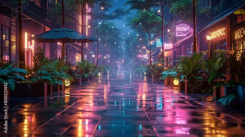 a very pretty city street with many lights and plants by it © Wirestock