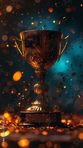 Golden trophy with sparkling effects on a bokeh blue background. Success and celebration concept.