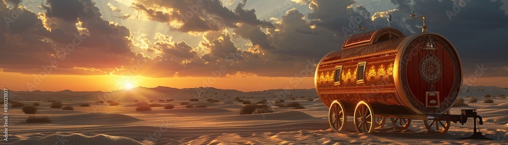 3D boho magic caravan in a wild desert, sunset backdrop.