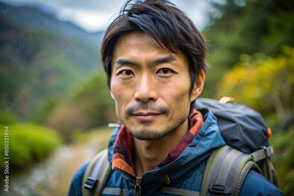 穏やかな旅：ジャングルを歩く日本人男性