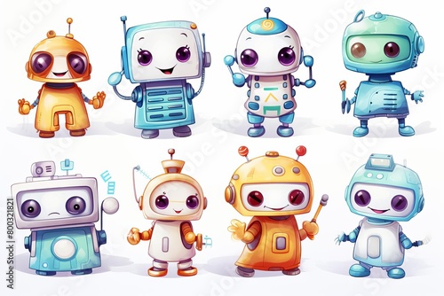 A set of 8 cute cartoon robots with various designs and colors