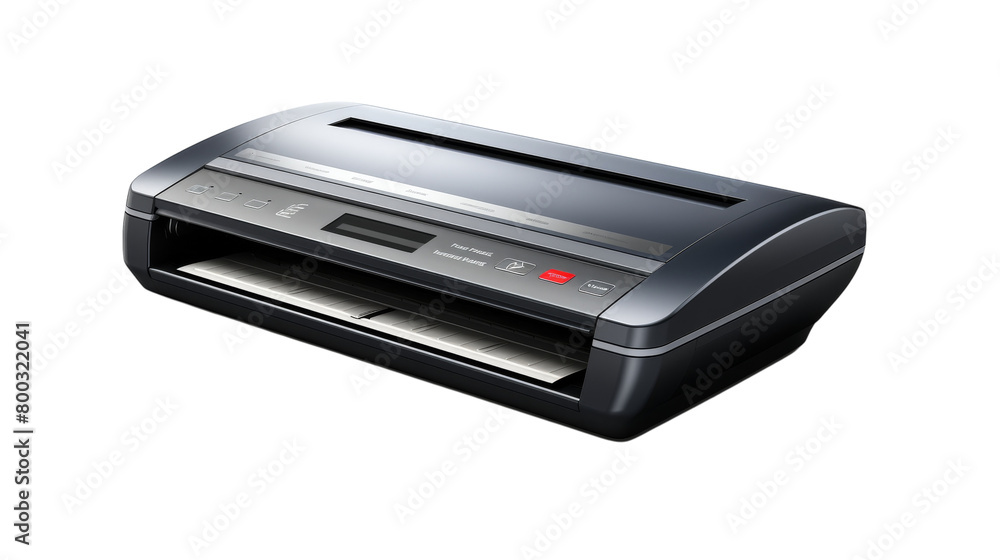 A sleek black and silver printer stands on a clean white background A sleek black and silver printer stands on a clean white background