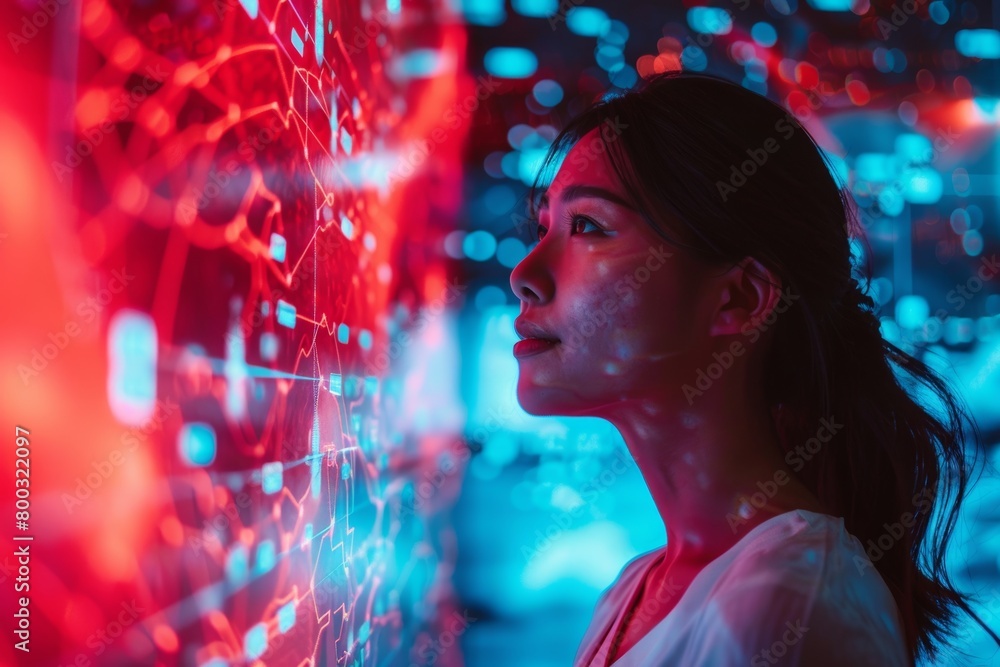 Application mockup asian woman in her 30s in front of a interactive digital board with a completely red screen Application mockup asian woman in her 30s in front of a interactive digital board with a completely red screen