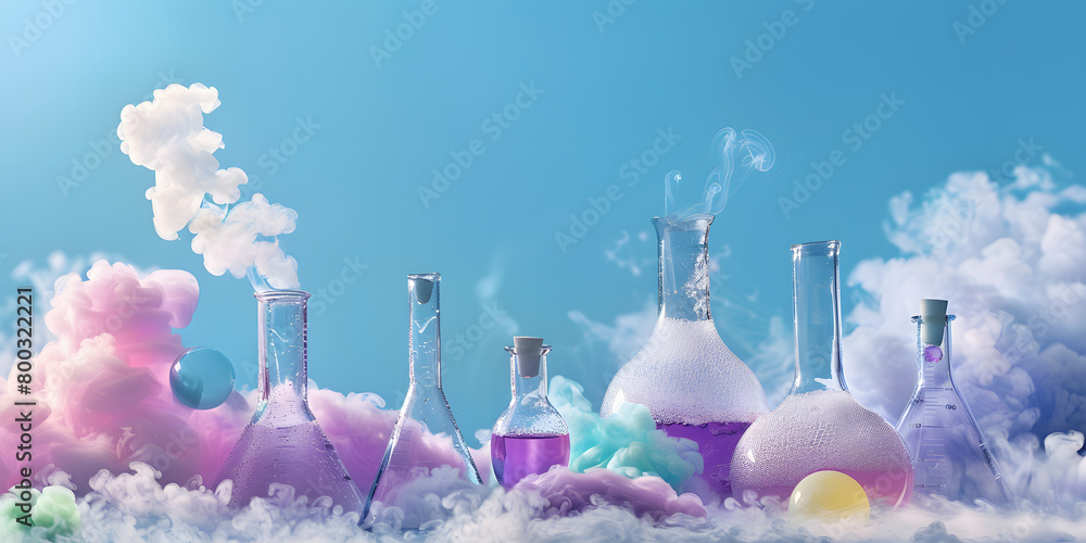 Título Frascos de laboratório cheios de líquidos coloridos borbulhantes