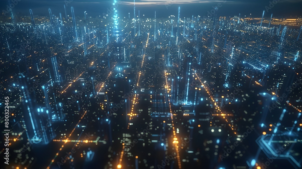 Aerial Panorama of Futuristic Metropolis Glowing with Neon Lights and Digital Data Streams