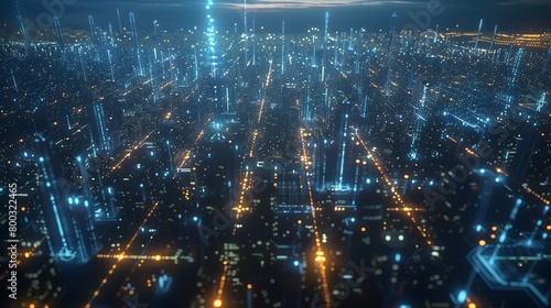 Aerial Panorama of Futuristic Metropolis Glowing with Neon Lights and Digital Data Streams