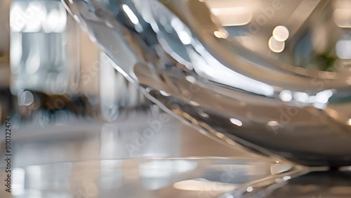 Enigmatic perspective A blurred view from ground level adds an intriguing mystique to a sleek chrome sculpture in a sophisticated lobby setting. .