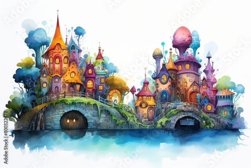 A whimsical watercolor painting of a fairytale village on a riverbank