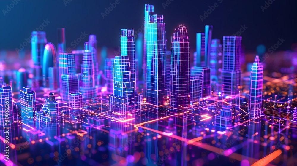 Dazzling Futuristic Skyline with Neon-Lit Holographic Quantum Algorithms