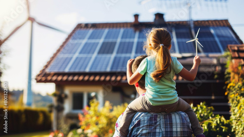 A man and a girl are standing outside of a house with a wind turbine