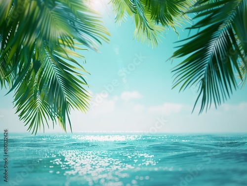 3D vibrant palm leaf frame, sunshine peeking through, turquoise sea backdrop, close focus, tropical escapehigh resolution