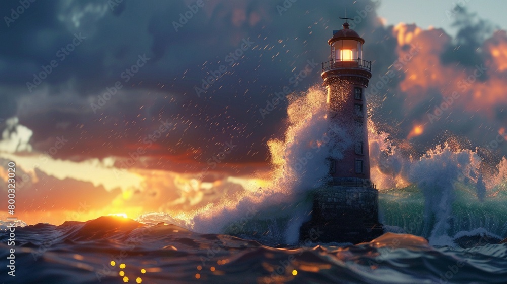 Tall 3D lighthouse amid surging waves.