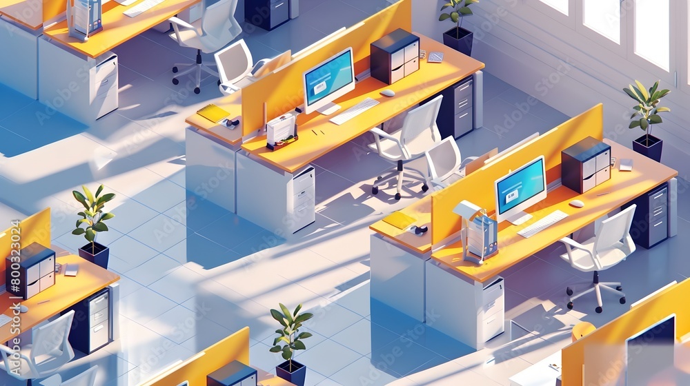 Bustling Modern Business Office with Sleek Desks and High-Tech Gadgets Under Bright Efficient