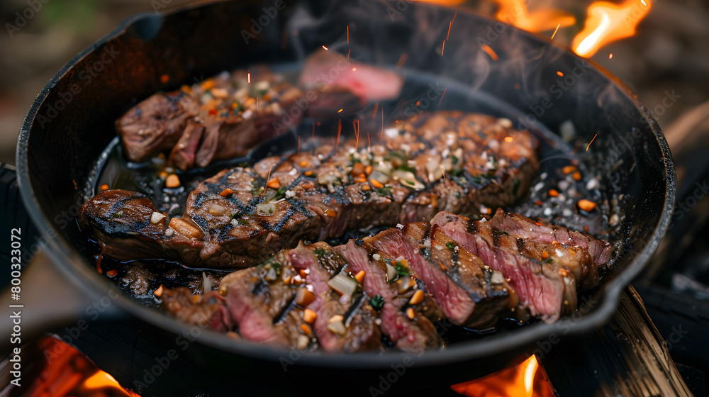 Medium rare steaks are sizzling in an iron cast pan over an open fire Medium rare steaks are sizzling in an iron cast pan over an open fire