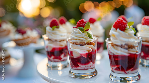 Strawberry shortcake trifles on glass plates at an outdoor wedding photo